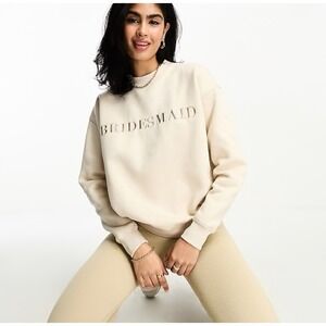 SIX STORIES Bridesmaid Sweatshirt Beige Embroidered Crewneck Pullover Small